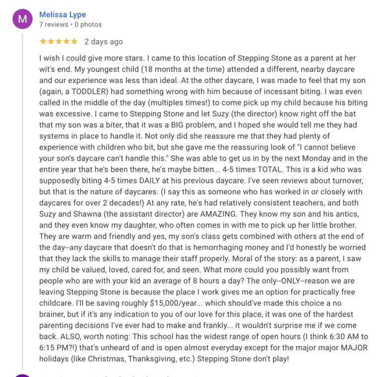 Preschool Review for Stepping Stone School Shoal Creek